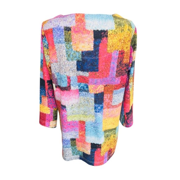 Ali Miles Multicolor Abstract Print 3/4 Sleeve Knit Top S Artsy Casual Money - Picture 2 of 8